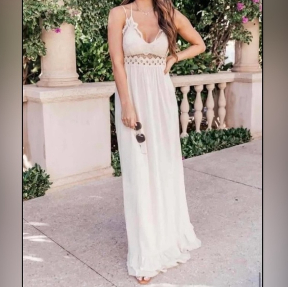 Cream Bohemian Maxi Lace Slip Dress by Pink Lily, Women's Size Small
